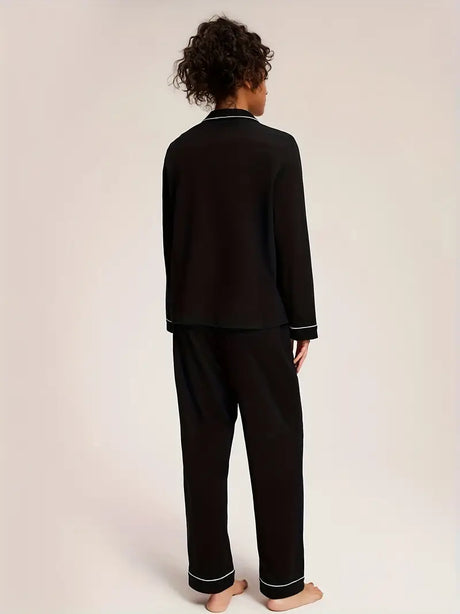 Grace Piped Long Sleeve Pyjama Set | Black