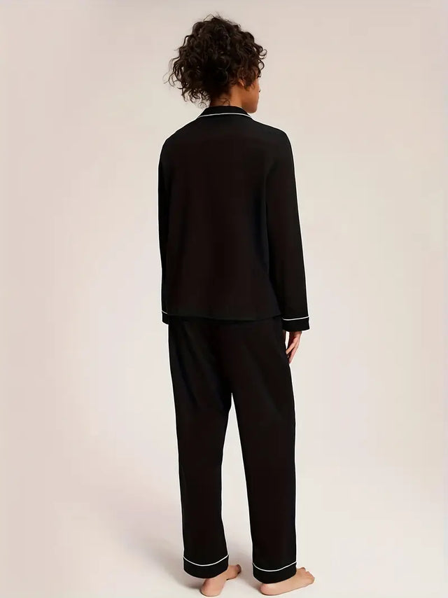 Grace Piped Long Sleeve Pyjama Set | Black