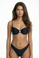 liberty black bikini with slim straps, ruched cups, center gold buckle and high-leg bottoms
