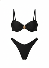 Black bikini set with a gold knot detail on a white background