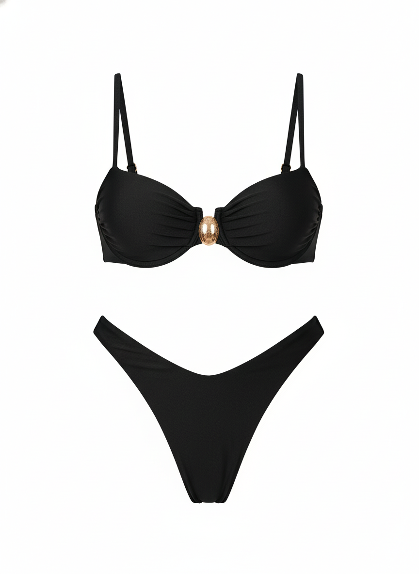 liberty black bikini set with ruched underwire top, gold centre buckle and high-leg bottoms
