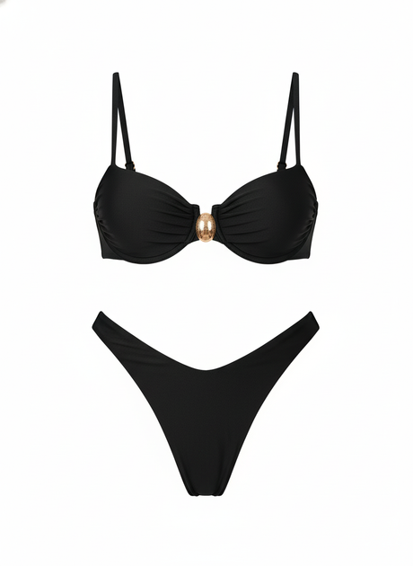 Black bikini set with a gold knot detail on a white background