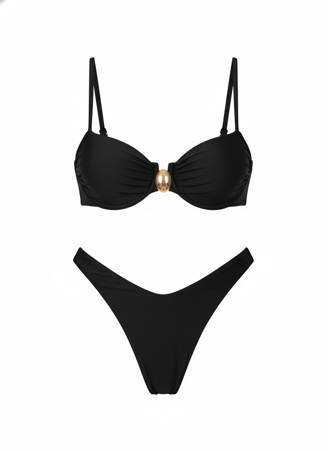 Black bikini set with a gold knot detail on a white background
