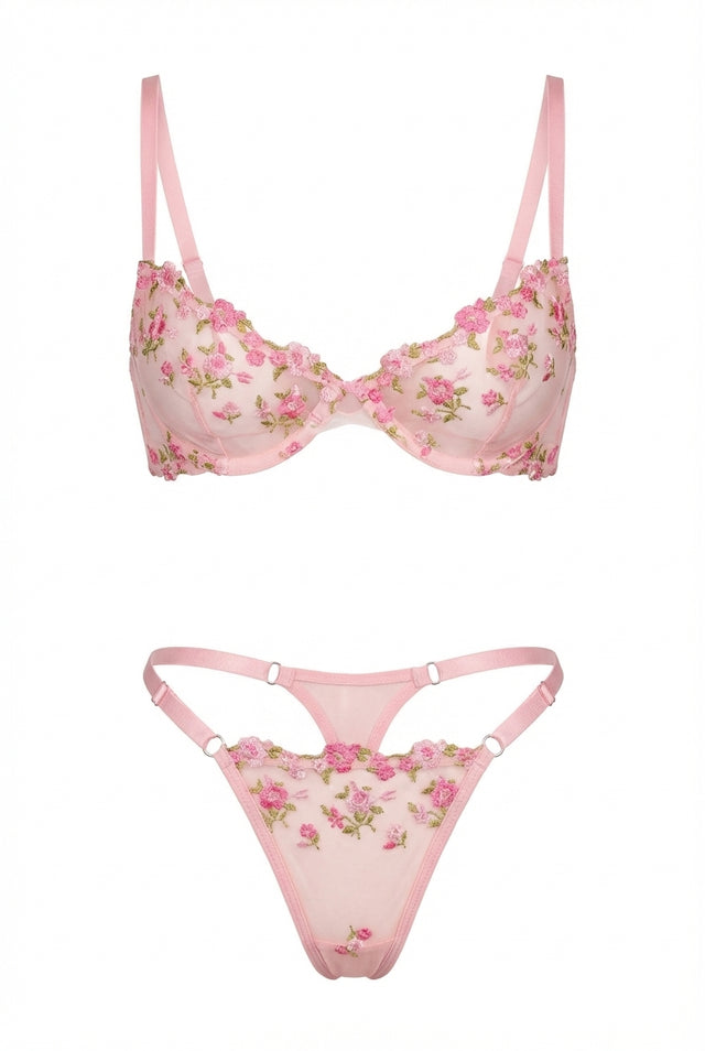 Maya Blush Bloom Embroidered Lingerie Set | Pink