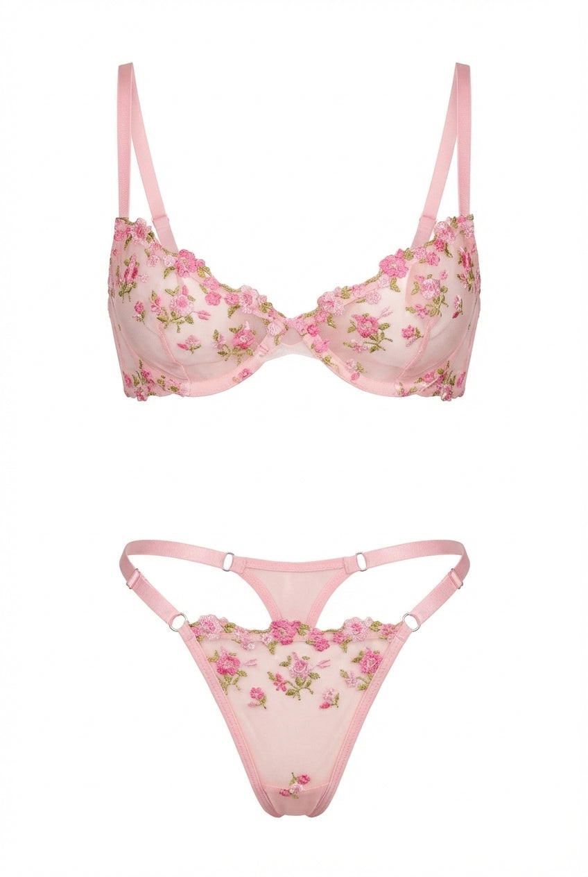 Maya Blush Bloom Embroidered Lingerie Set | Pink - Little Nooks