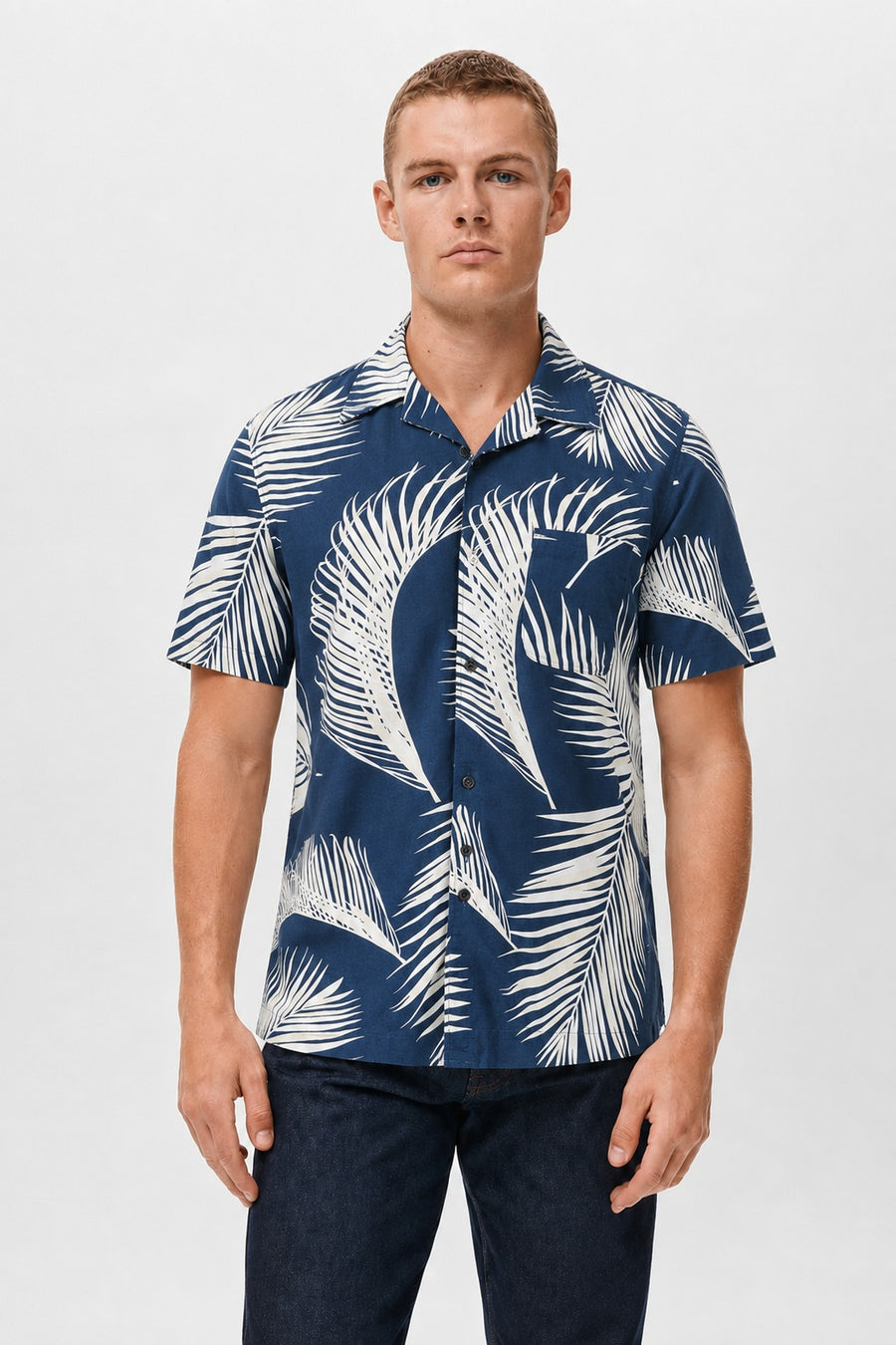 Caldera Palm Print Short Sleeve Shirt | Navy - Little Nooks