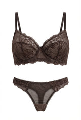 Chocolate brown sheer lace lingerie set displayed on a white background, featuring an underwired lace bra with adjustable straps and matching low-rise lace briefs.