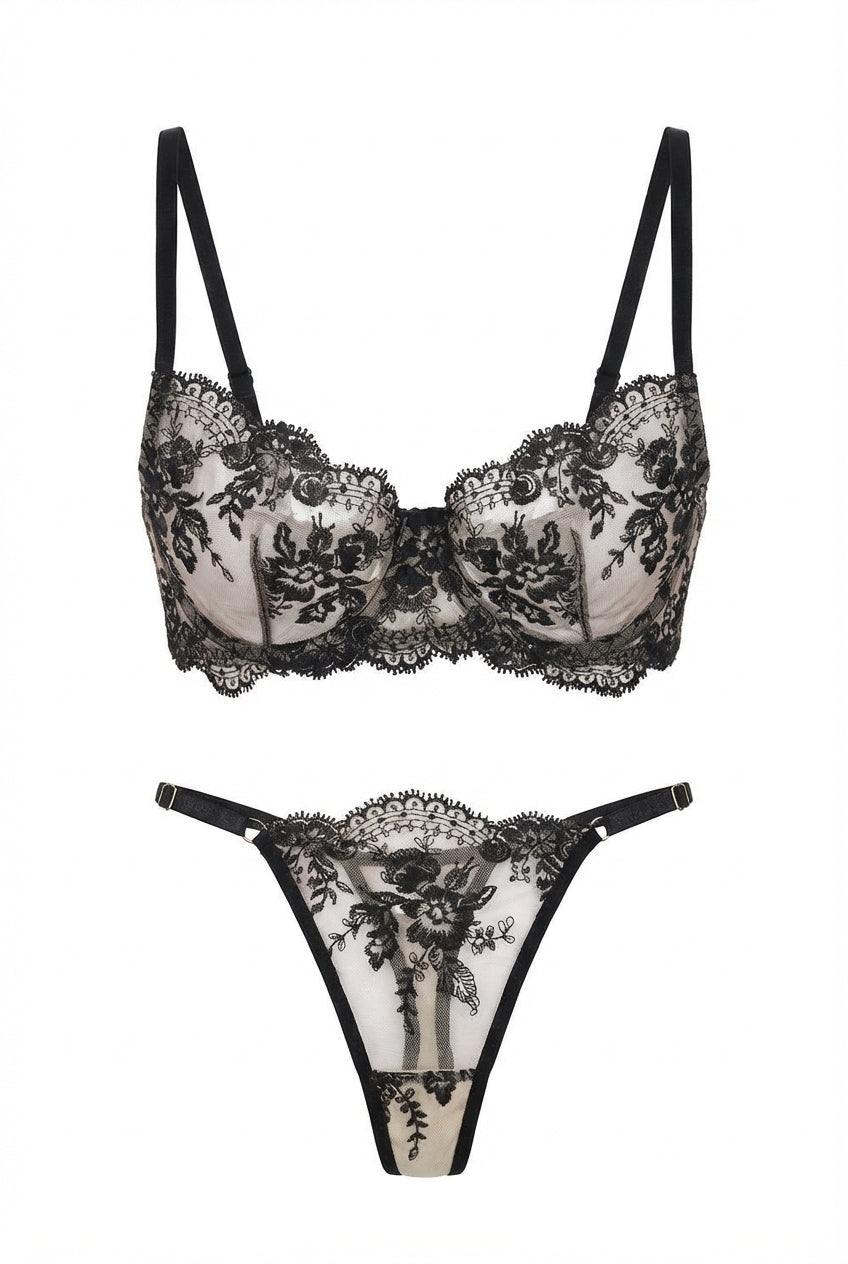 Alix Sheer Mesh Embroidered Bra & Thong Set | Black - Little Nooks