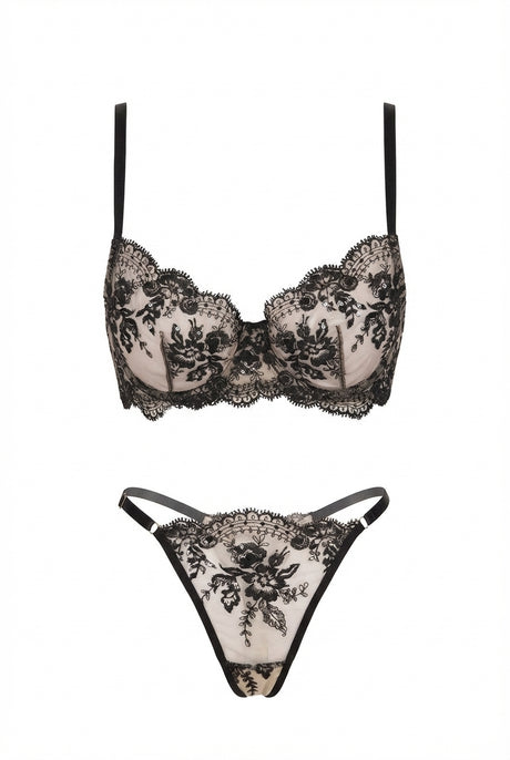 Black sheer mesh embroidered lingerie set