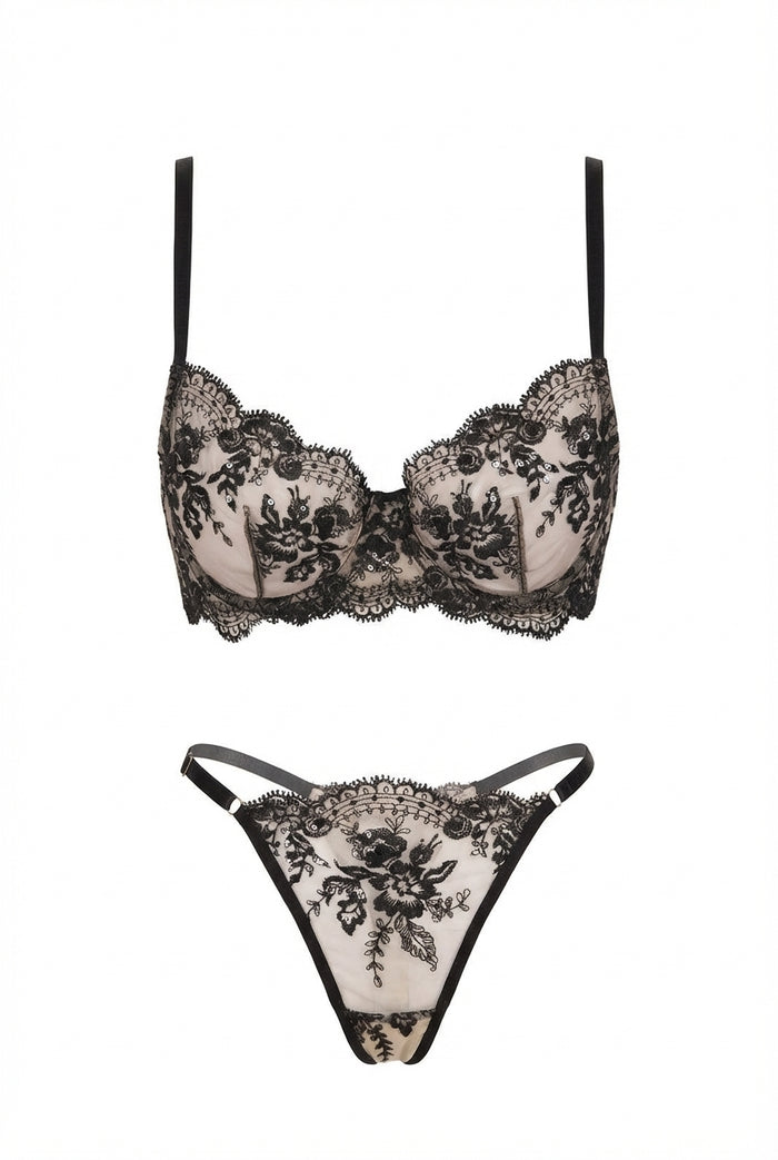 Black sheer mesh embroidered lingerie set