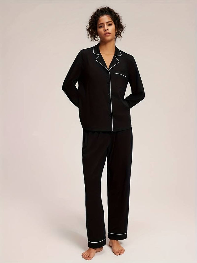 Grace Piped Long Sleeve Pyjama Set | Black