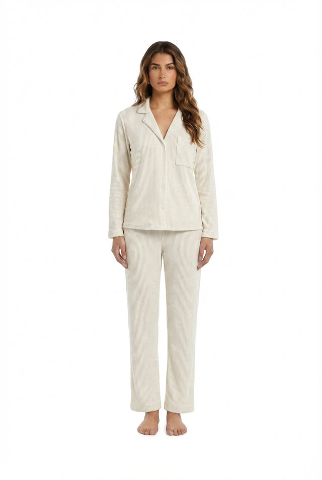 Sophie Ribbed Button-Down Pajama Set | Off White - Little Nooks