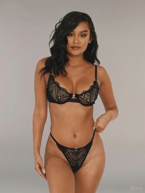 video of model displaying black underwire underwear lingerie set