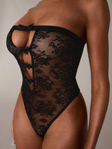 Sabrina Lace Bow Cut-Out Bodysuit | Black - Little Nooks