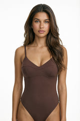 front view of the shae brown one-piece swimsuit with slim straps, v-neckline, and seamed cups