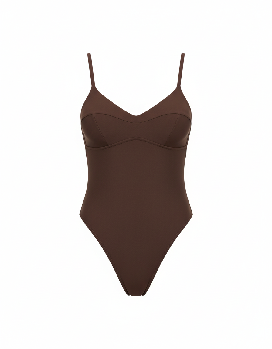front view of the shae brown one-piece swimsuit with thin straps, v-neckline and sculpted bust seams