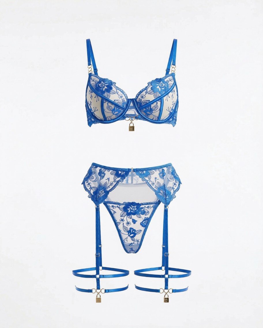 Amy Royal Blue Embroidered Lace Lingerie Set