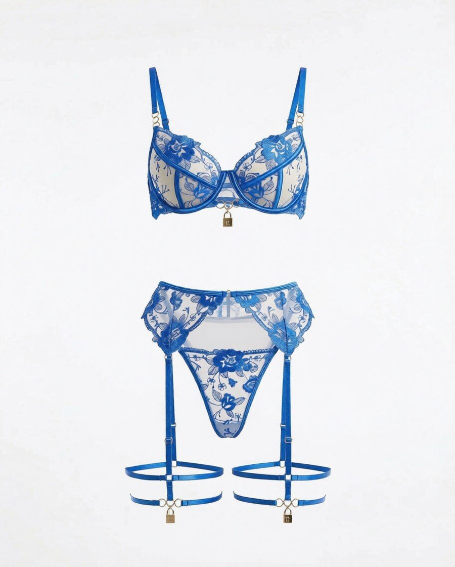 Amy Royal Blue Embroidered Lace Lingerie Set - Little Nooks