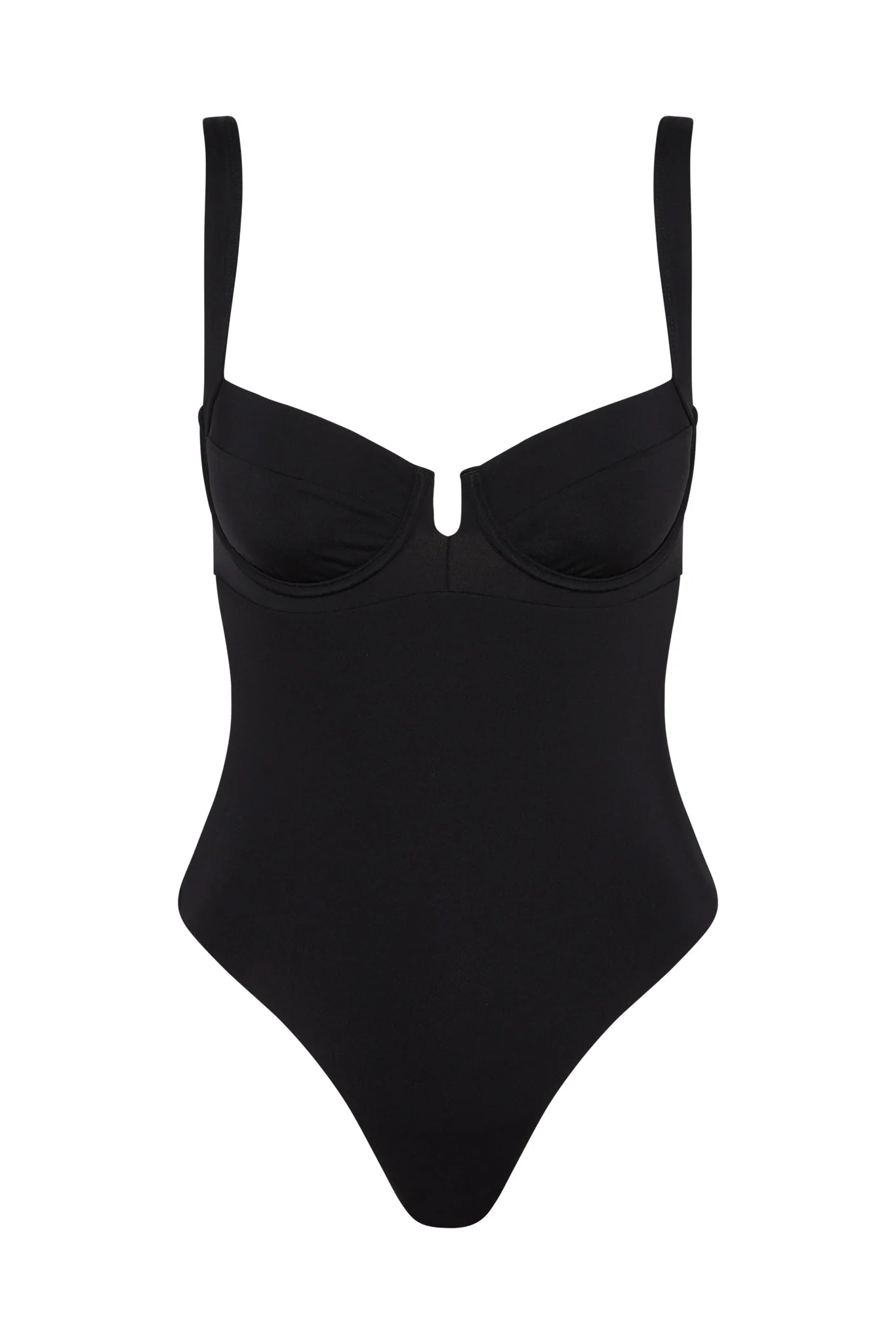front view of a black v-wire swimsuit with wide straps and high-cut legs