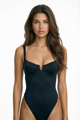 front view of little nooks black v-wire swimsuit with wide straps, underwire cups and high-cut leg
