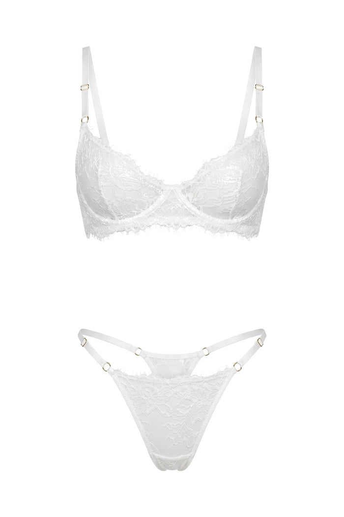 Eyelash Lace Underwire Bra Lingerie Set | White - Little Nooks