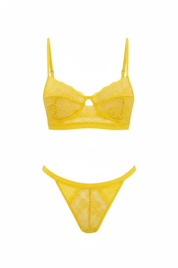 daisy yellow lace lingerie set with bralette, thong, adjustable straps and front cutout